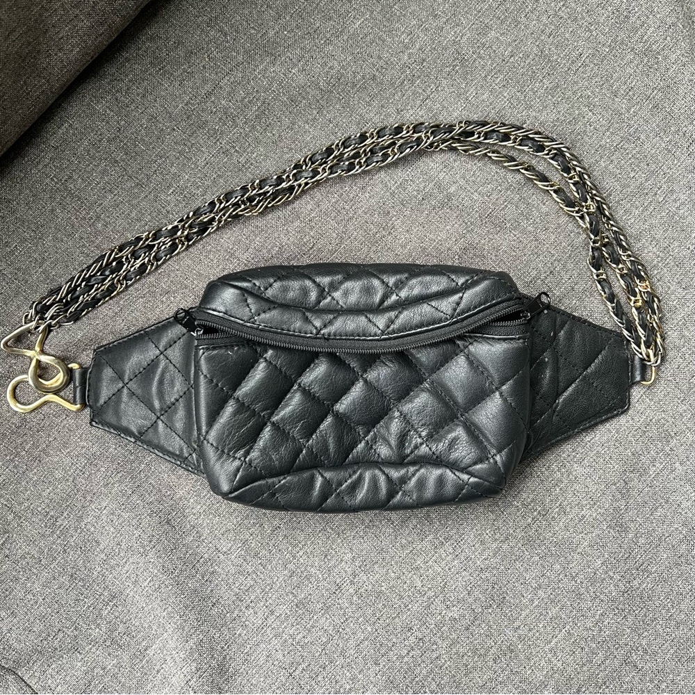 Vintage Black Quilted Chain Strap Waist Belt Bag
